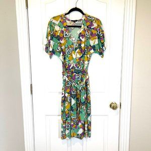 Geometric Printed Jersey Belted Short Sleeve Y2K Dress S